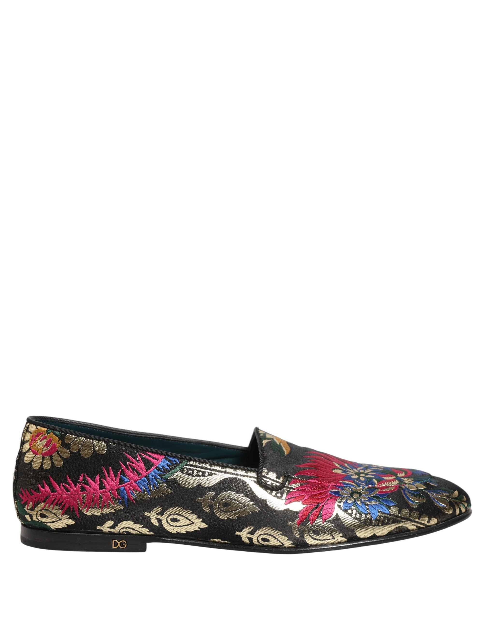 Mocassins hommes Dolce & Gabbana en jacquard noir avec motif floral, chaussures élégantes en cuir pour hommes.