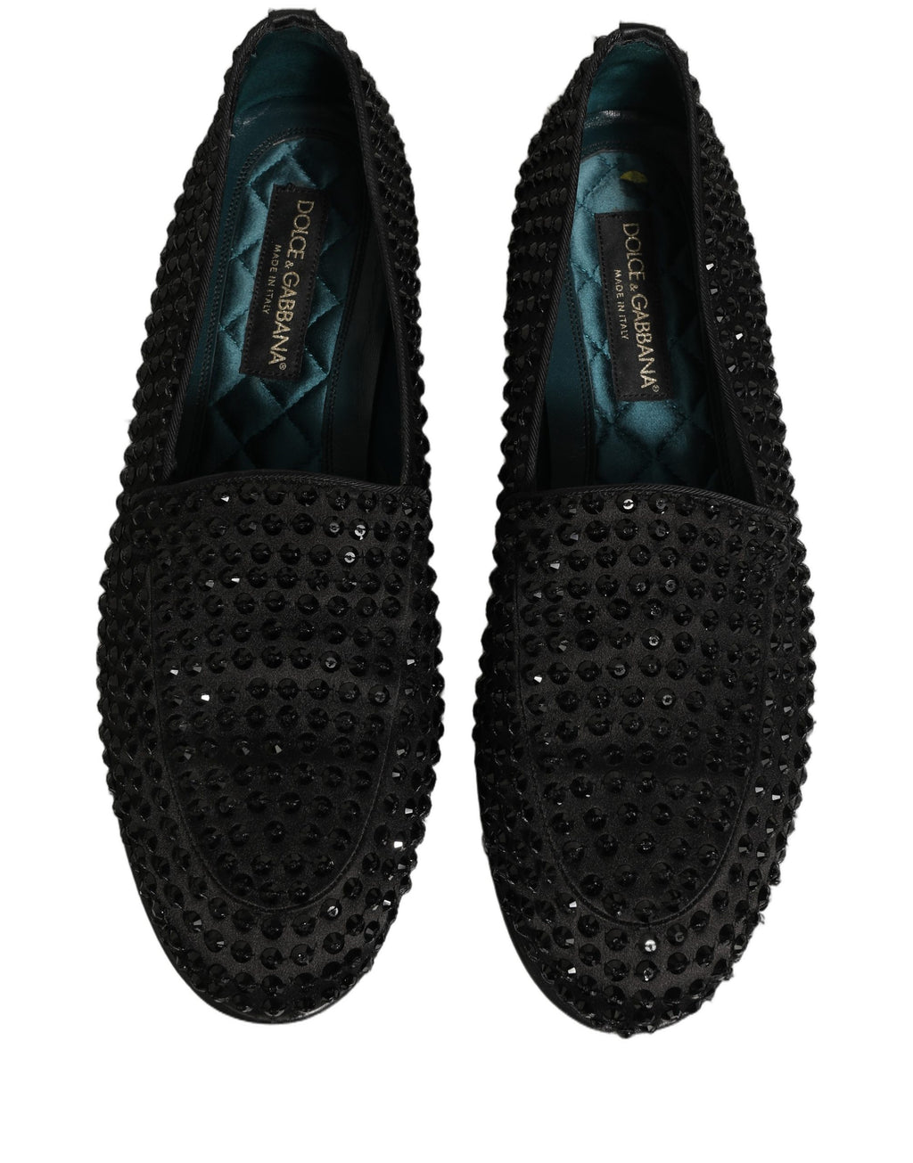 Chaussures loafers Dolce & Gabbana noires avec embellissements en strass et cristaux brillants, style élégant et sophistiqué.