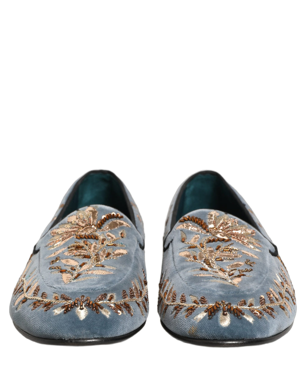 Chaussures loafers Dolce & Gabbana en velours bleu avec embellissements, chaussures élégantes pour femme.
