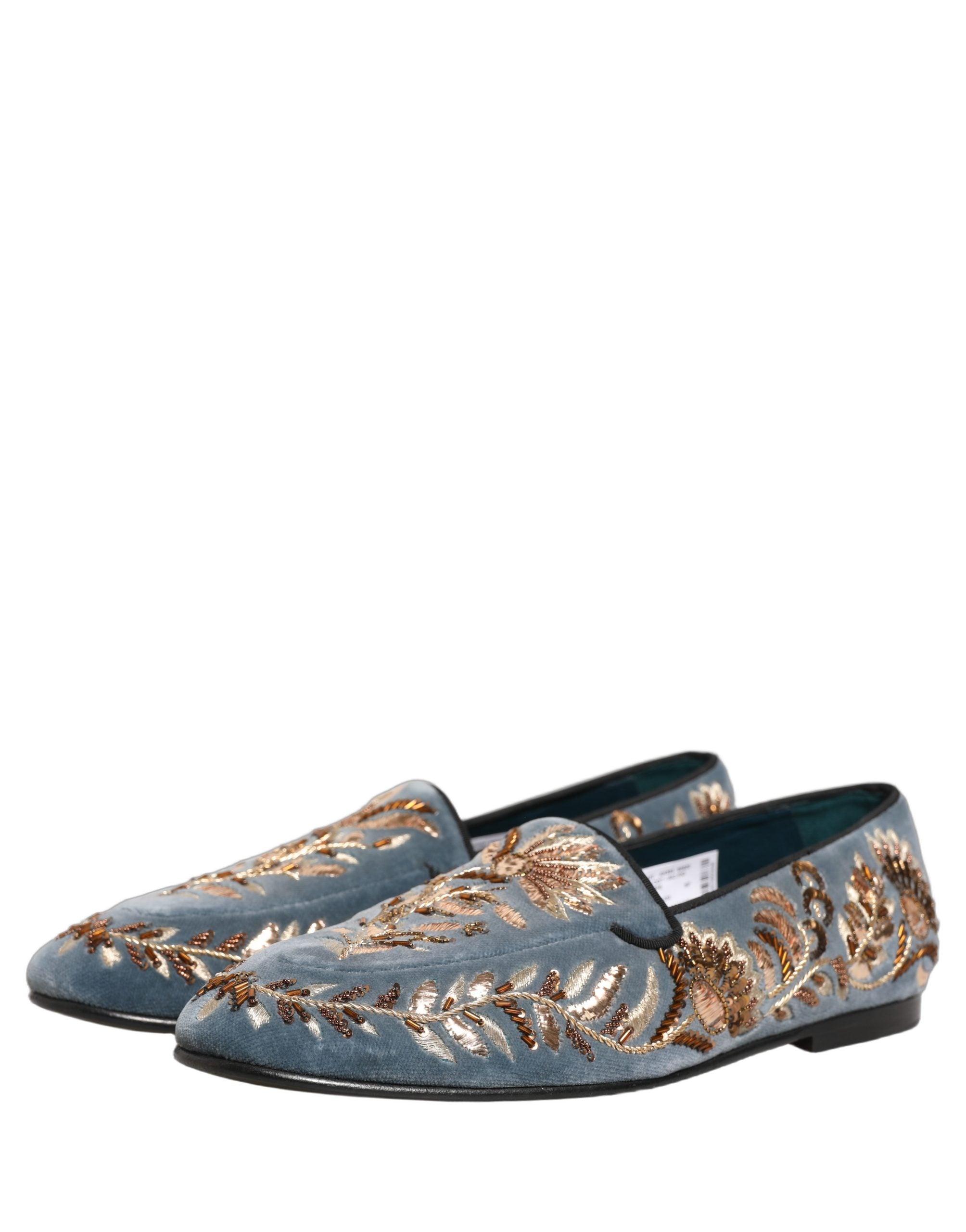 Chaussures loafers Dolce & Gabbana en velours bleu orné de détails brillants, élégantes et sophistiquées.