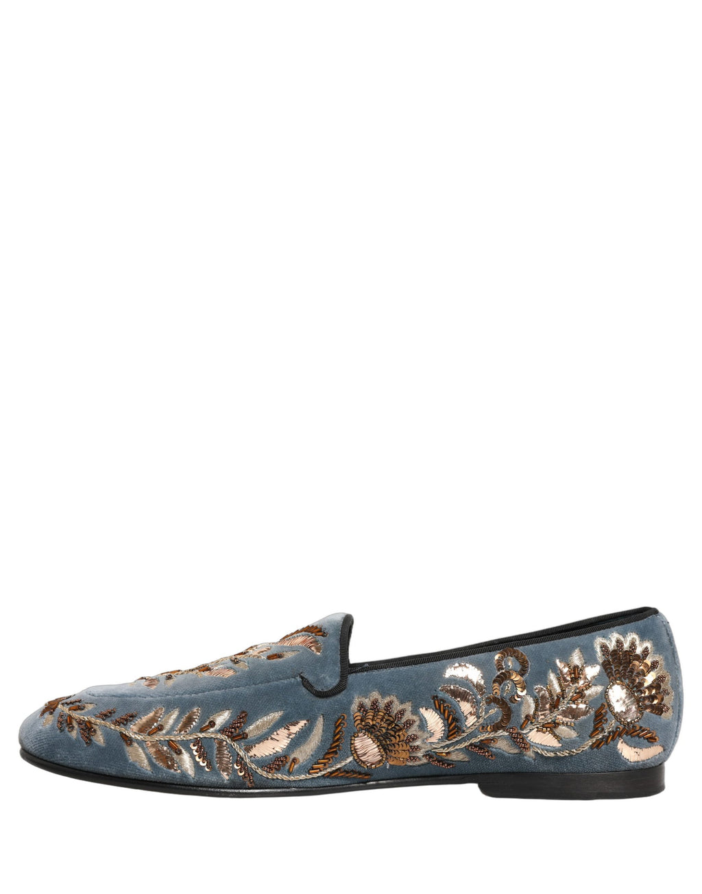 Chaussures loafers Dolce & Gabbana en velours bleu avec embellissements, style élégant et sophistiqué.