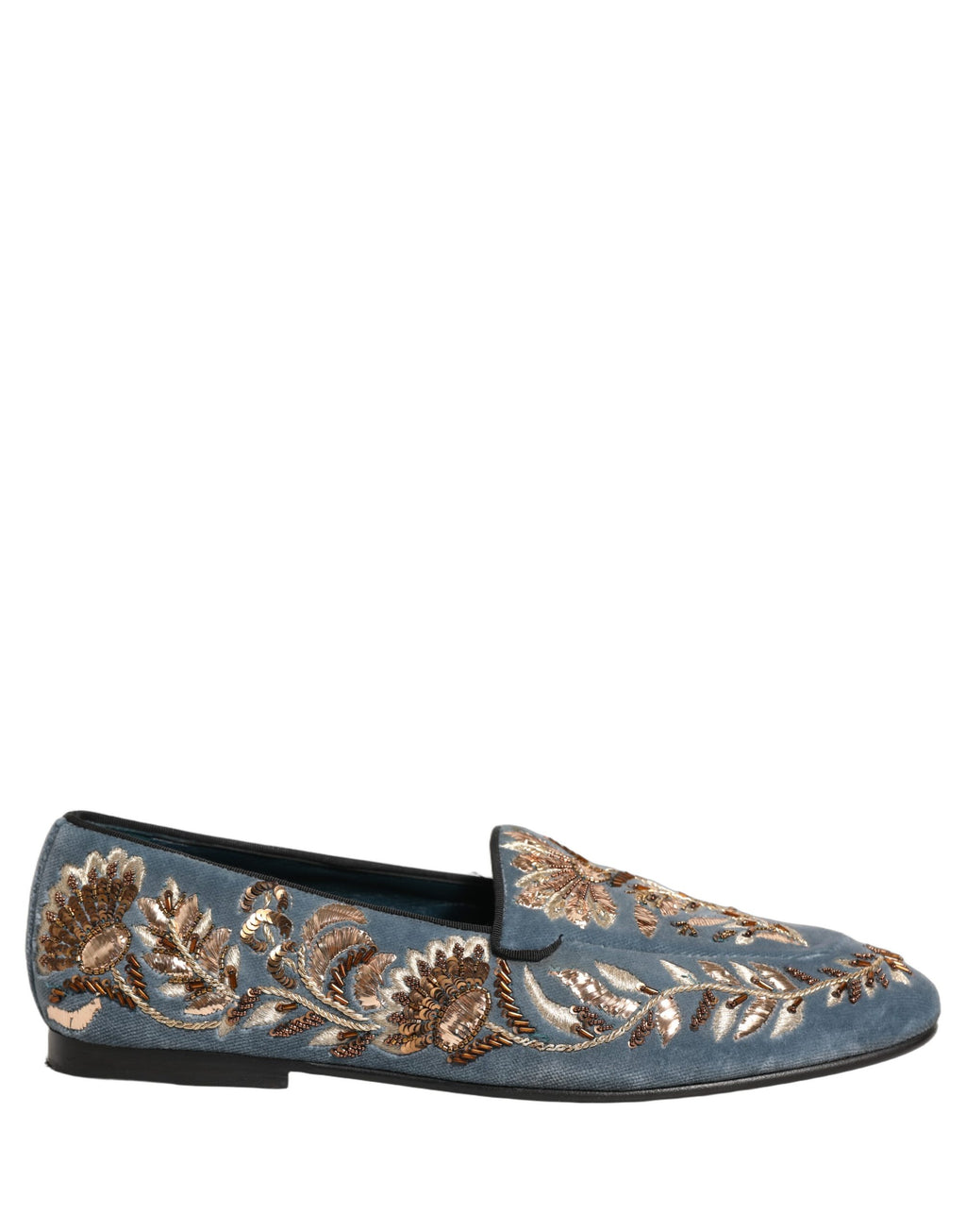 Chaussures loafers Dolce & Gabbana en velours bleu orné de détails fantaisie, élégantes et sophistiquées.