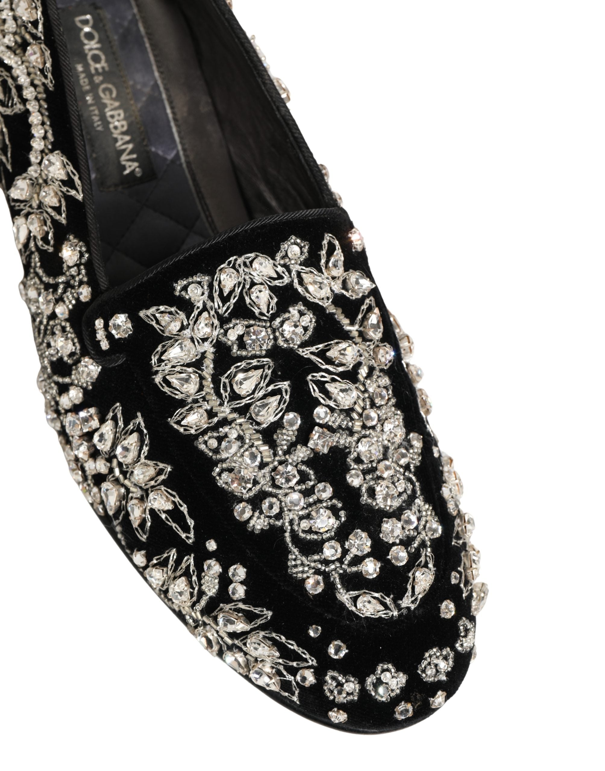Chaussures Dolce & Gabbana en velours noir avec embellissements, loafers élégants pour femmes.