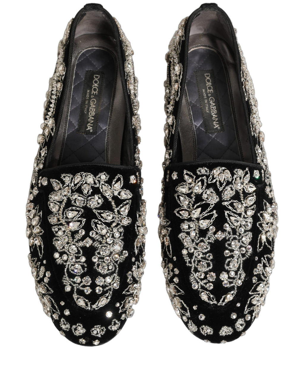 Chaussures loafers Dolce & Gabbana en velours noir avec embellissements, élégantes et sophistiquées pour femme.