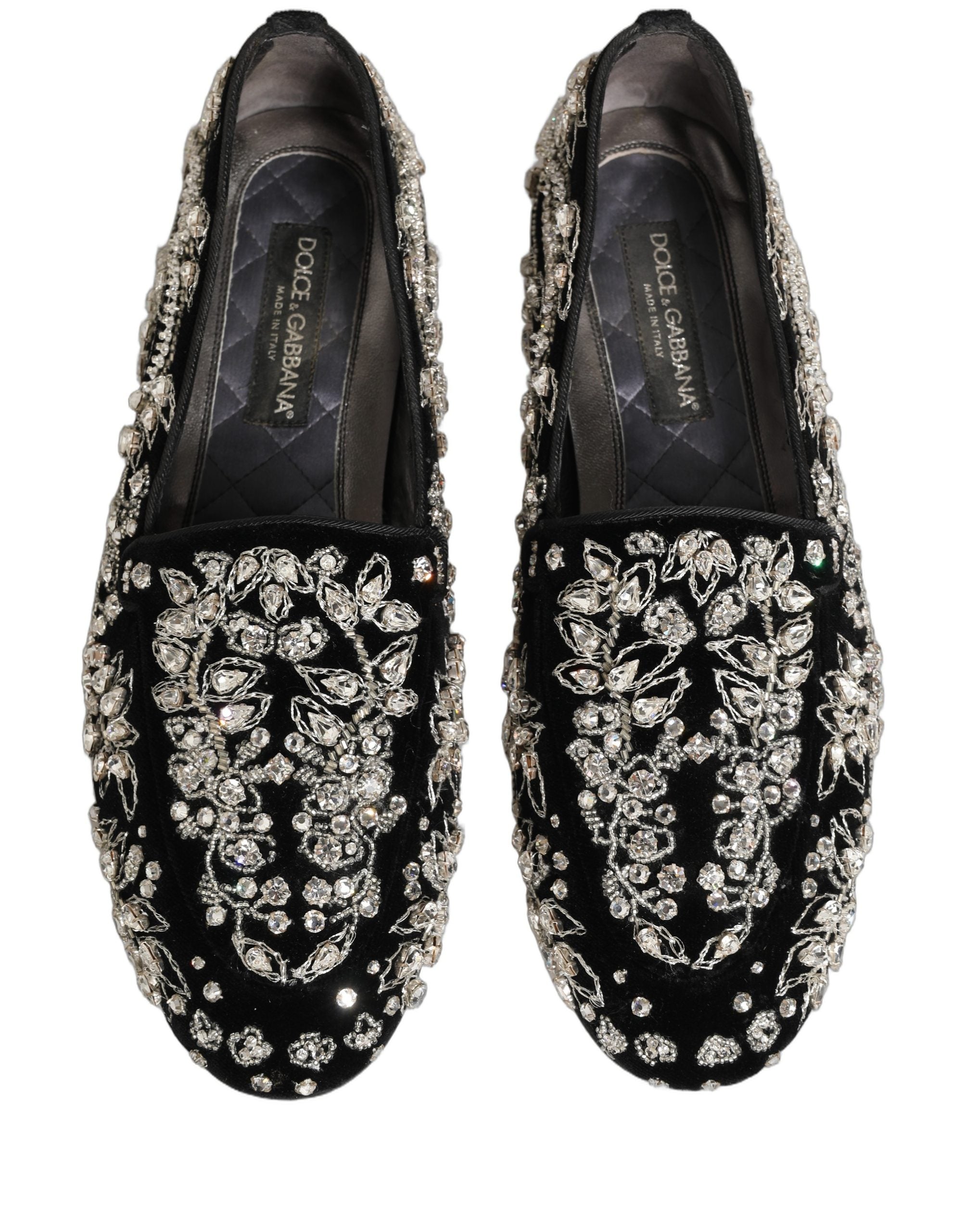 Chaussures loafers Dolce & Gabbana en velours noir avec embellissements, élégantes et sophistiquées pour femme.