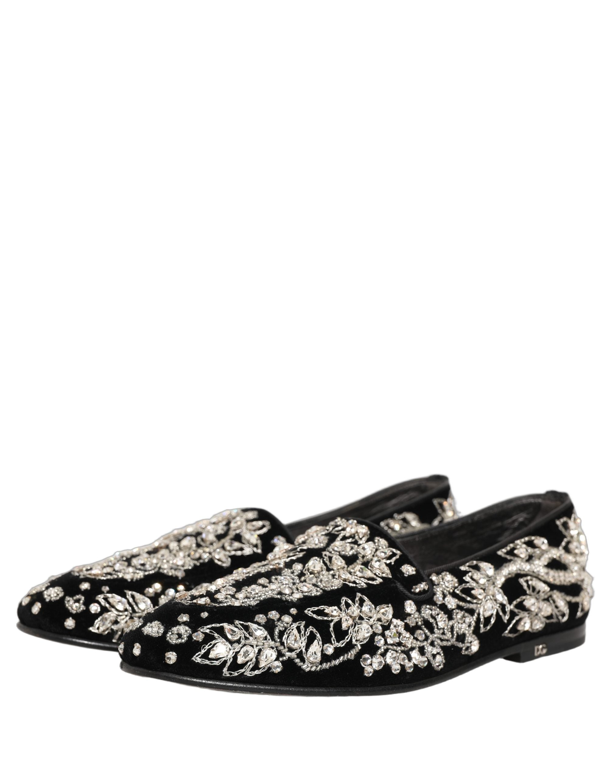 Chaussures loafers Dolce & Gabbana en velours noir avec embellissements élégants, style sophistiqué et luxe italien.
