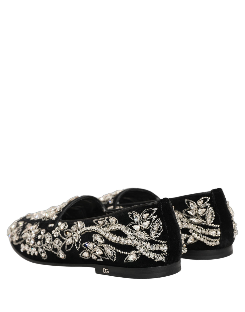 Chaussures Dolce & Gabbana en velours noir avec embellissements, style mocassins élégants et sophistiqués.