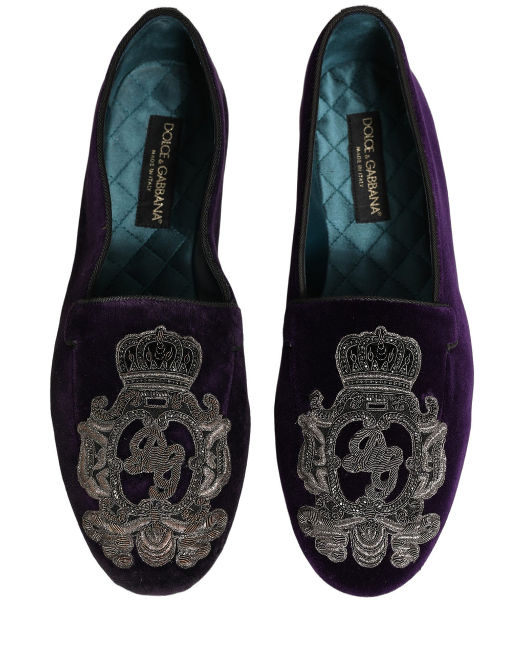 Chaussures mocassins Dolce & Gabbana en velours violet avec broderie couronne, élégantes et sophistiquées.
