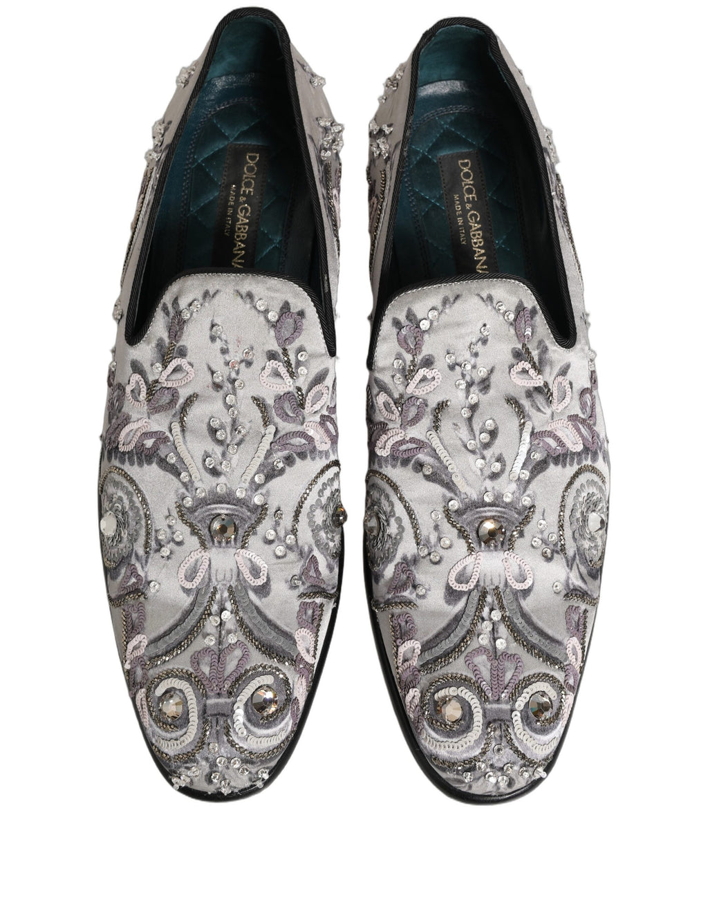 Chaussures Dolce & Gabbana en slip-on blanches à sequins pour occasion formelle, vues de face.