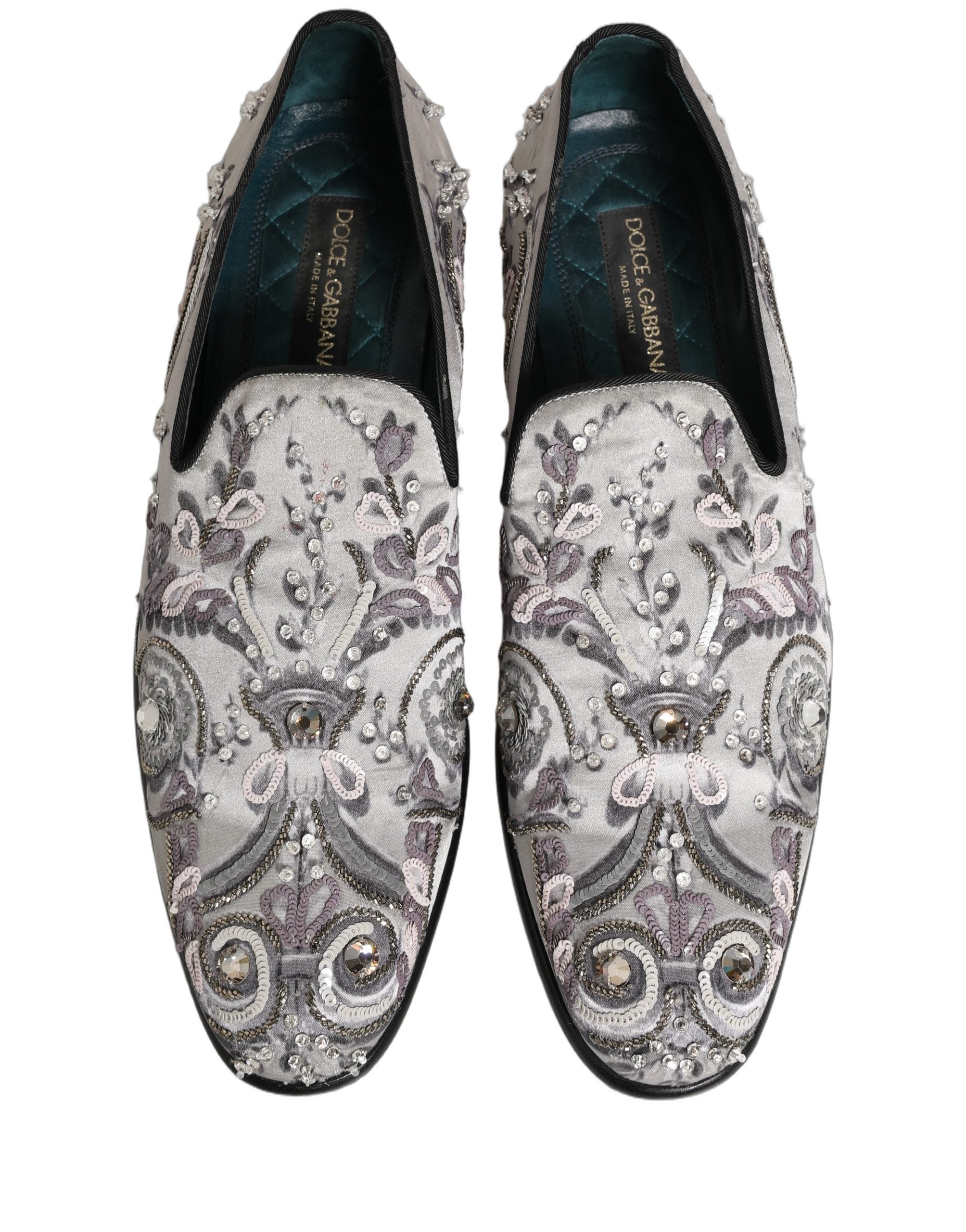 Chaussures Dolce & Gabbana en slip-on blanches à sequins pour occasion formelle, vues de face.