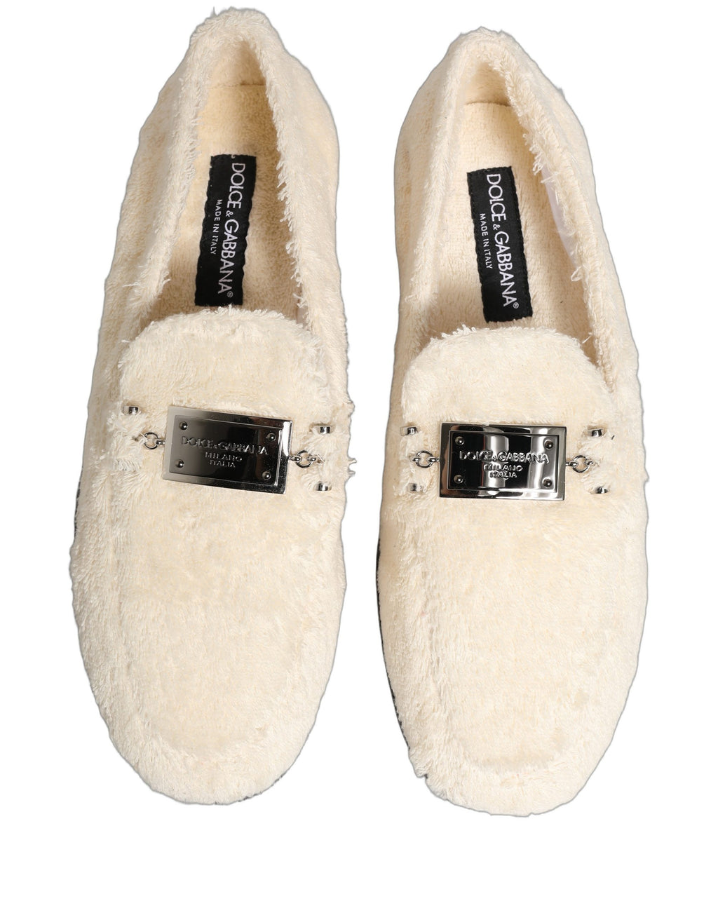 Chaussures mocassins pour homme Dolce & Gabbana en fourrure blanche et shearling, élégantes et confortables.
