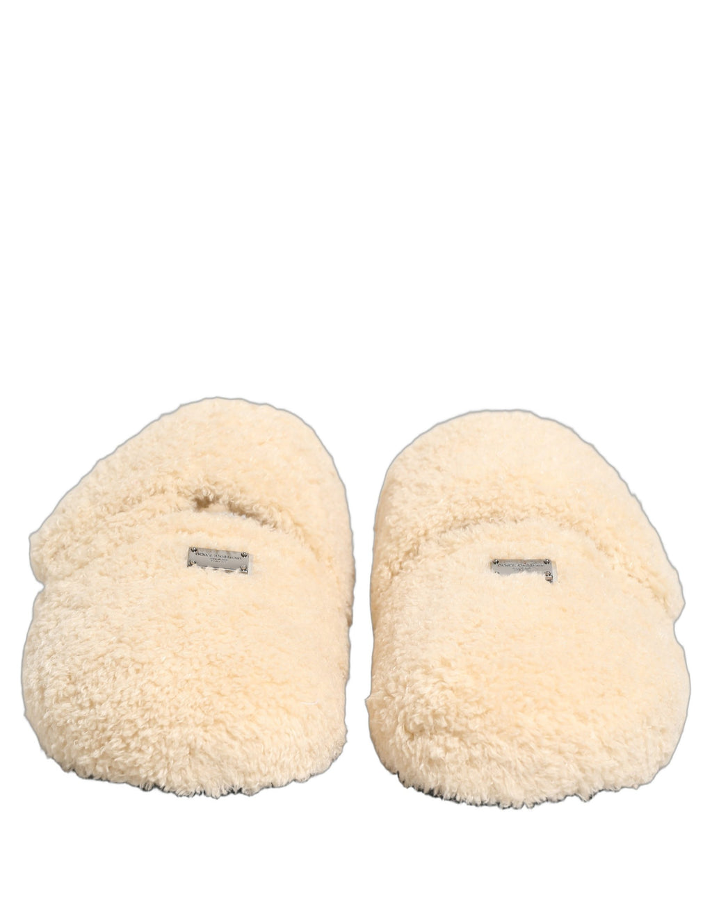 Sandales pour hommes Dolce & Gabbana, chaussons en fausse fourrure beige, confortables et élégants, vue de dessus.