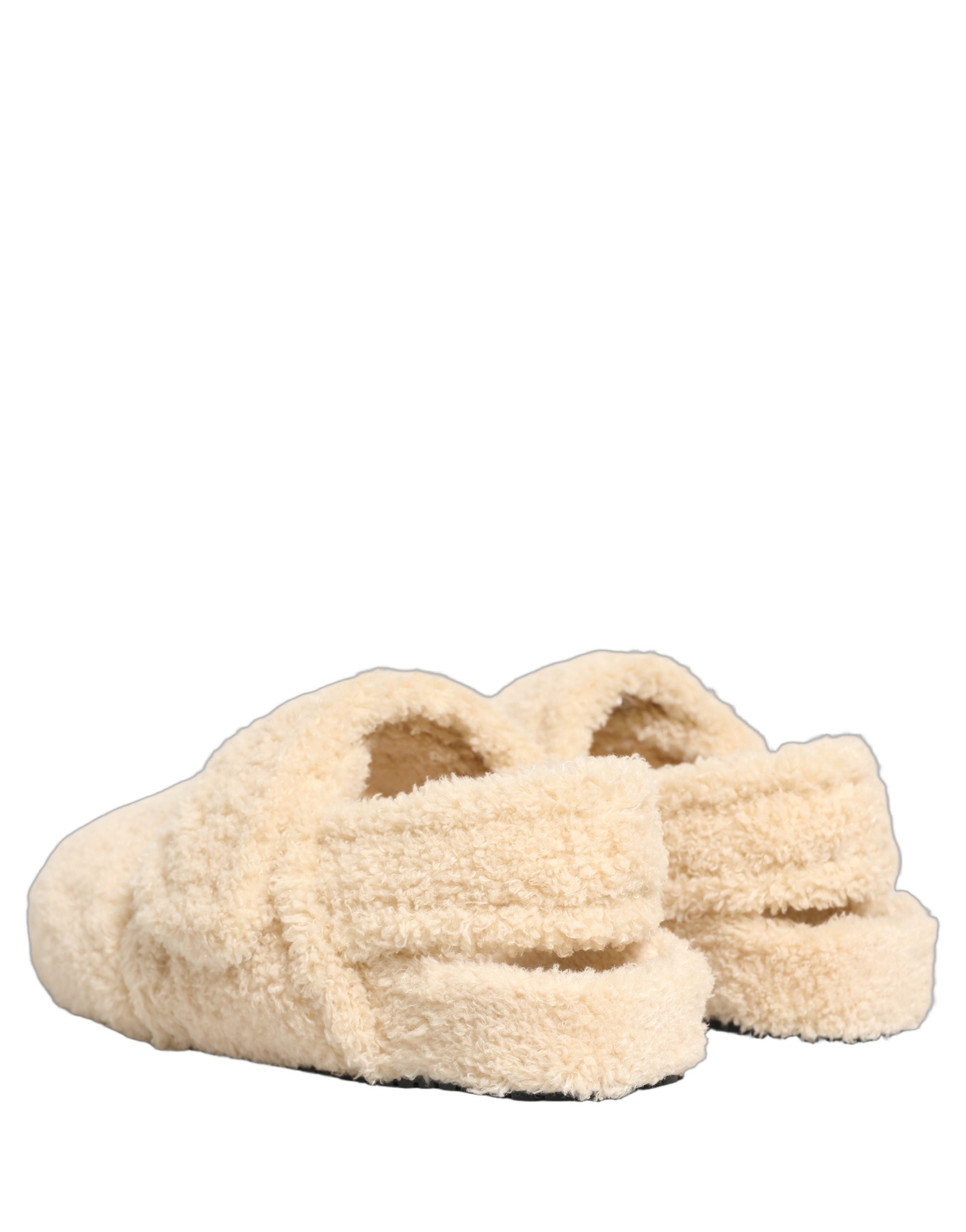 Chaussures homme Dolce & Gabbana, sandales en fausse fourrure beige, slippers plates et confortables.