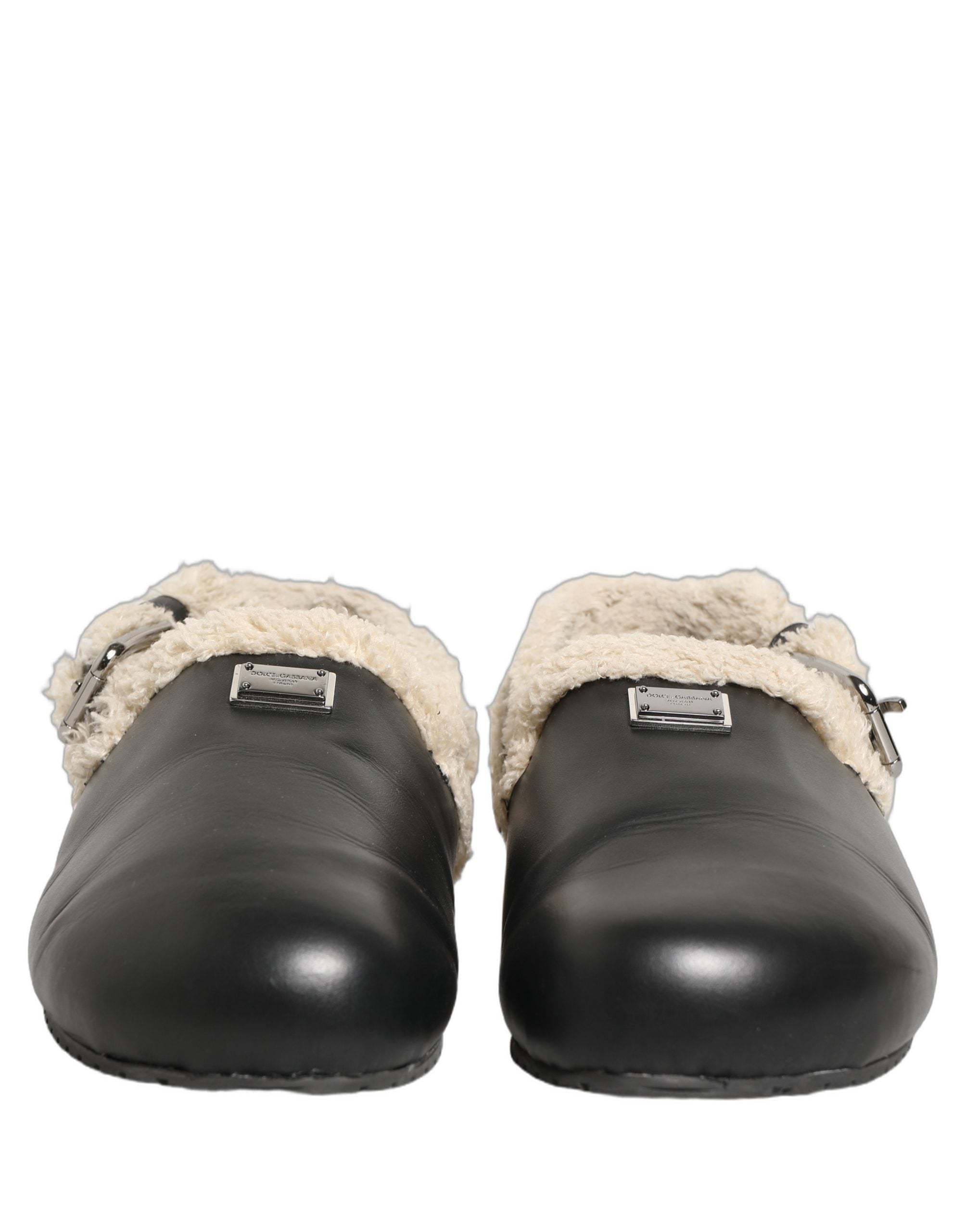 Sandales Dolce & Gabbana en shearling beige et noir avec doublure en fourrure, chaussures élégantes et confortables.