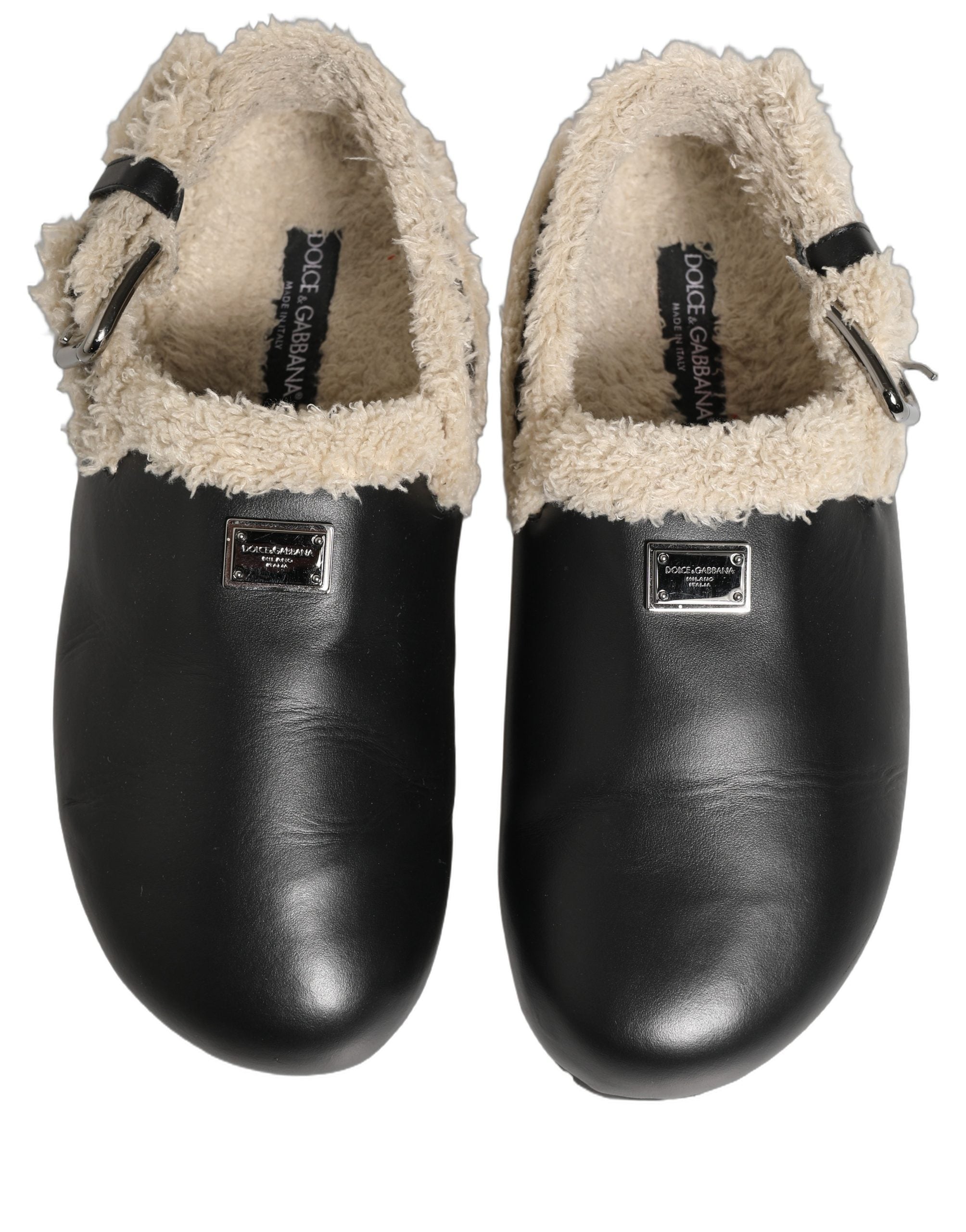 Sandales Dolce & Gabbana en fourrure beige et noire avec semelle en shearling, chaussures élégantes et confortables.