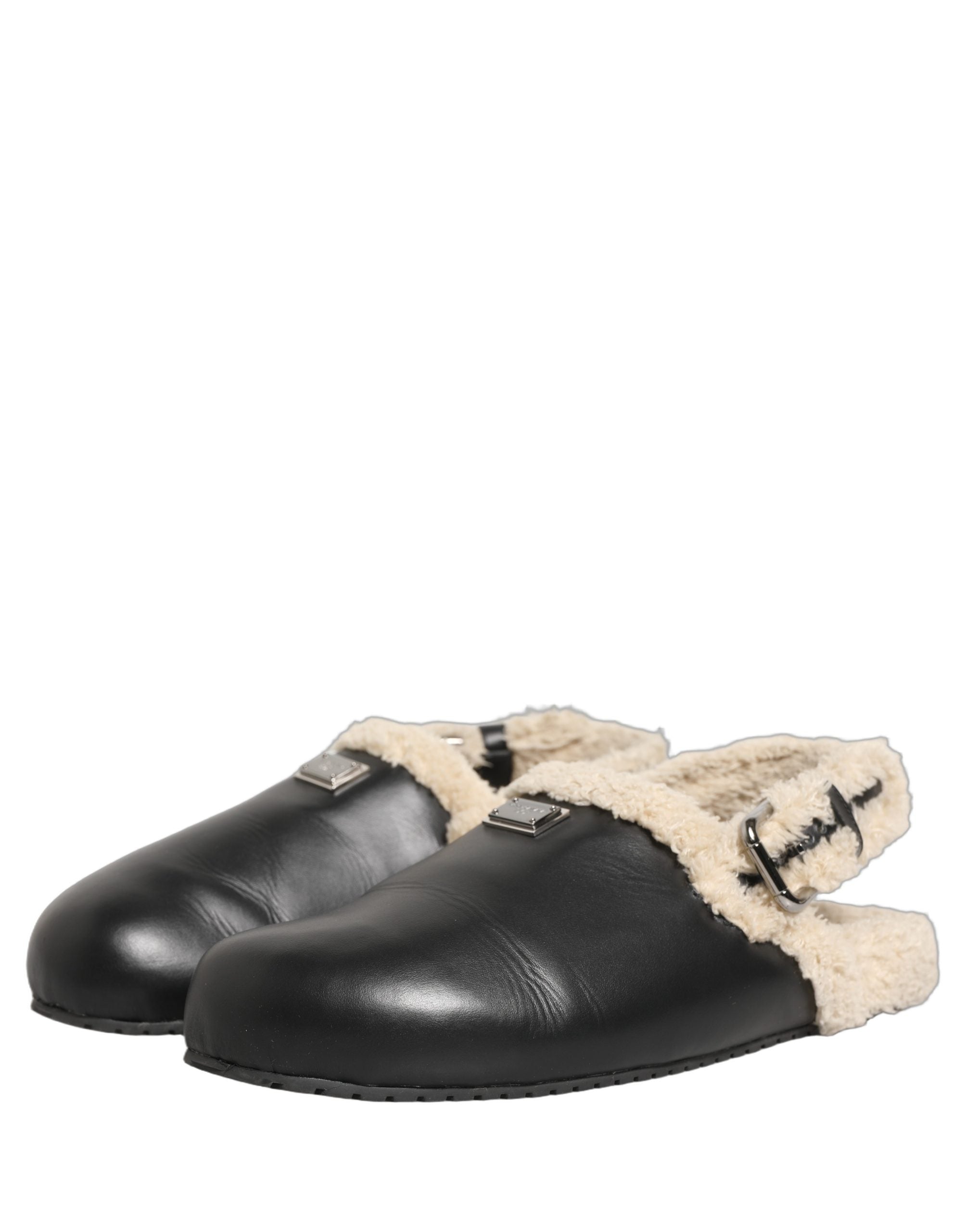 Sandales Dolce & Gabbana en shearling beige et noir, semelles confortables et style luxe pour femme.