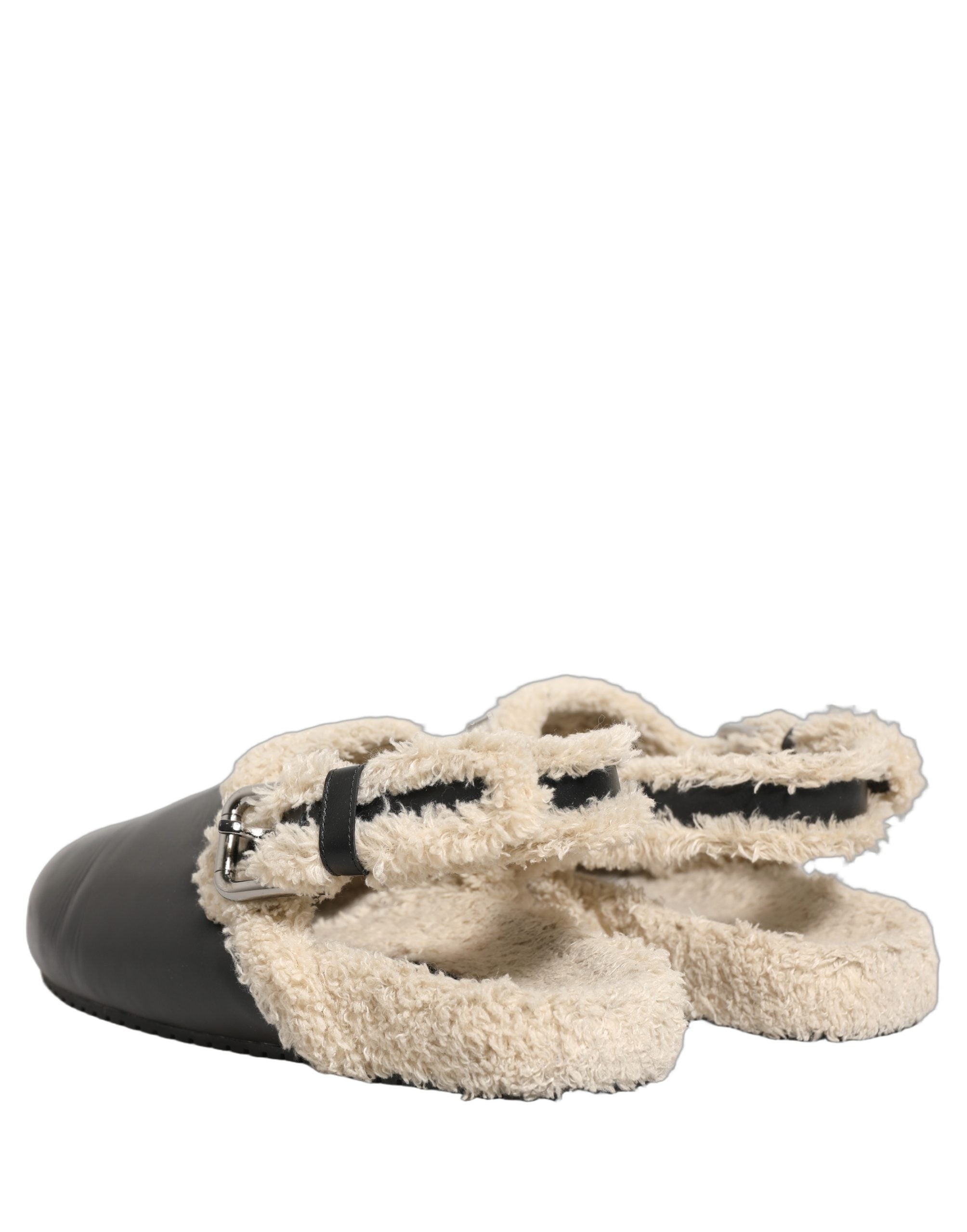 Sandales Dolce & Gabbana en shearling beige et noir, chaussures confortables avec doublure en fourrure.