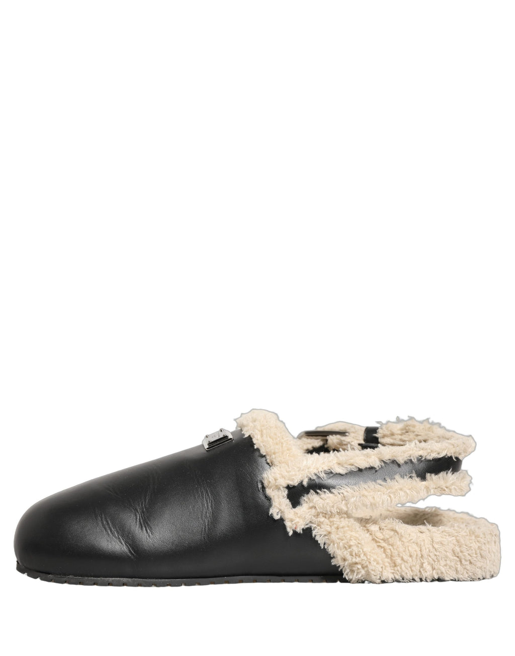 Sandales Dolce & Gabbana en shearling beige et noir avec bande en fourrure, chaussures élégantes et confortables.