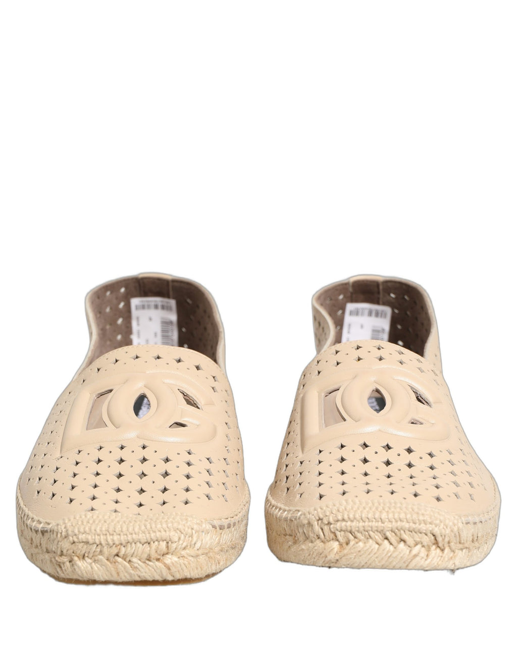 Espadrilles en cuir beige Dolce & Gabbana avec logo découpé, chaussures élégantes et confortables pour l'été.