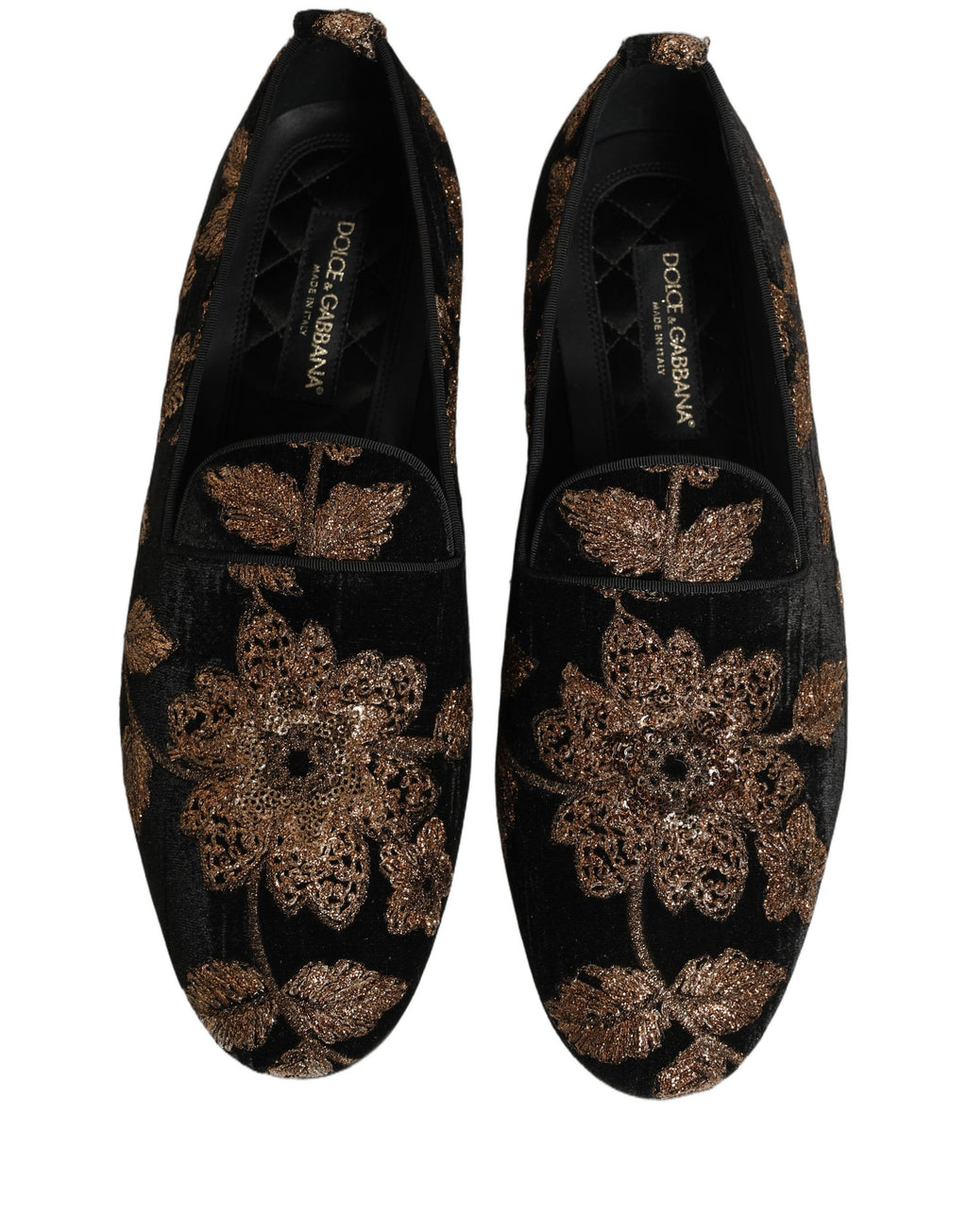 Chaussures loafers Dolce & Gabbana en jacquard noir à motifs floraux, élégantes et sophistiquées.