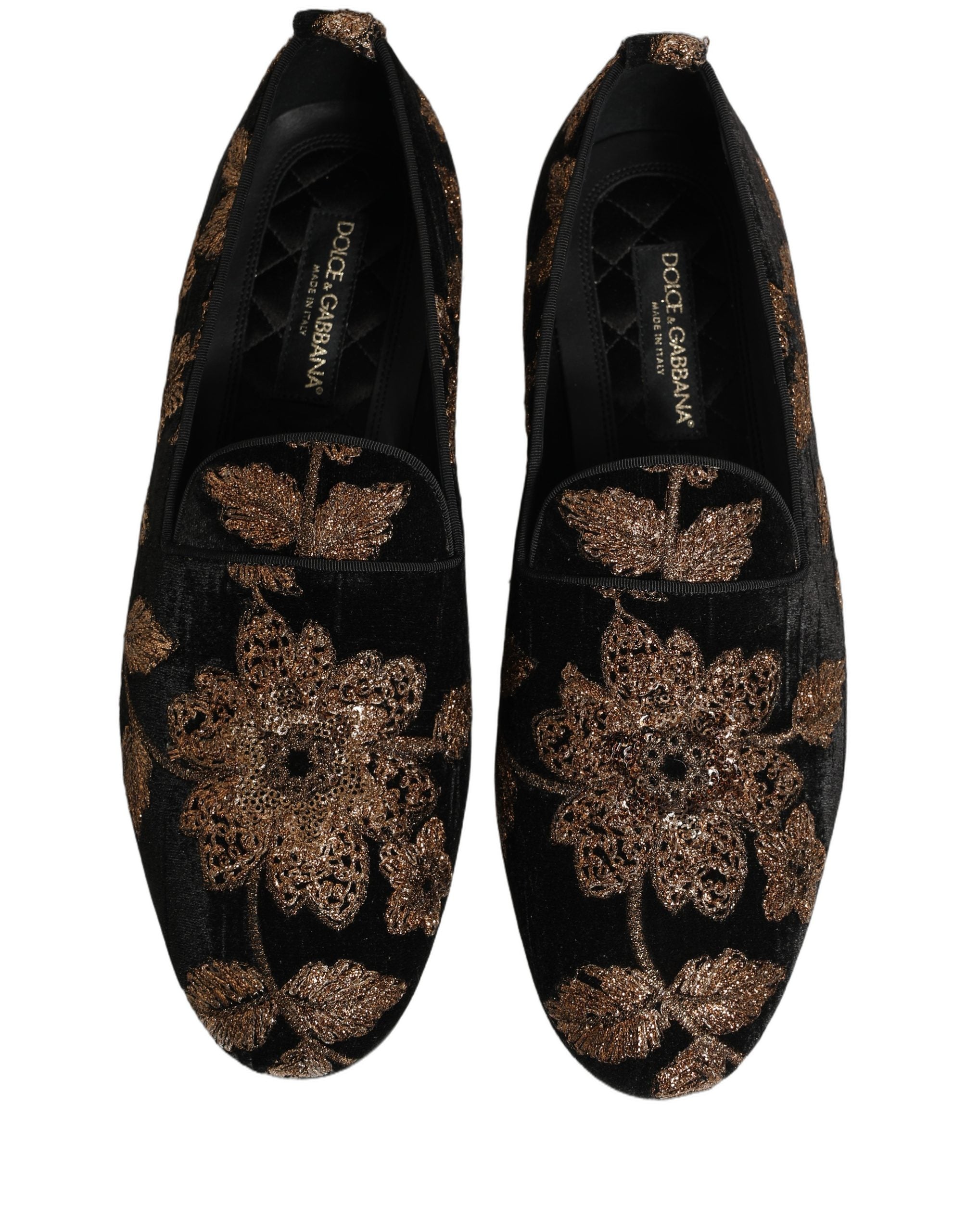 Chaussures loafers Dolce & Gabbana en jacquard noir à motifs floraux, élégantes et sophistiquées.