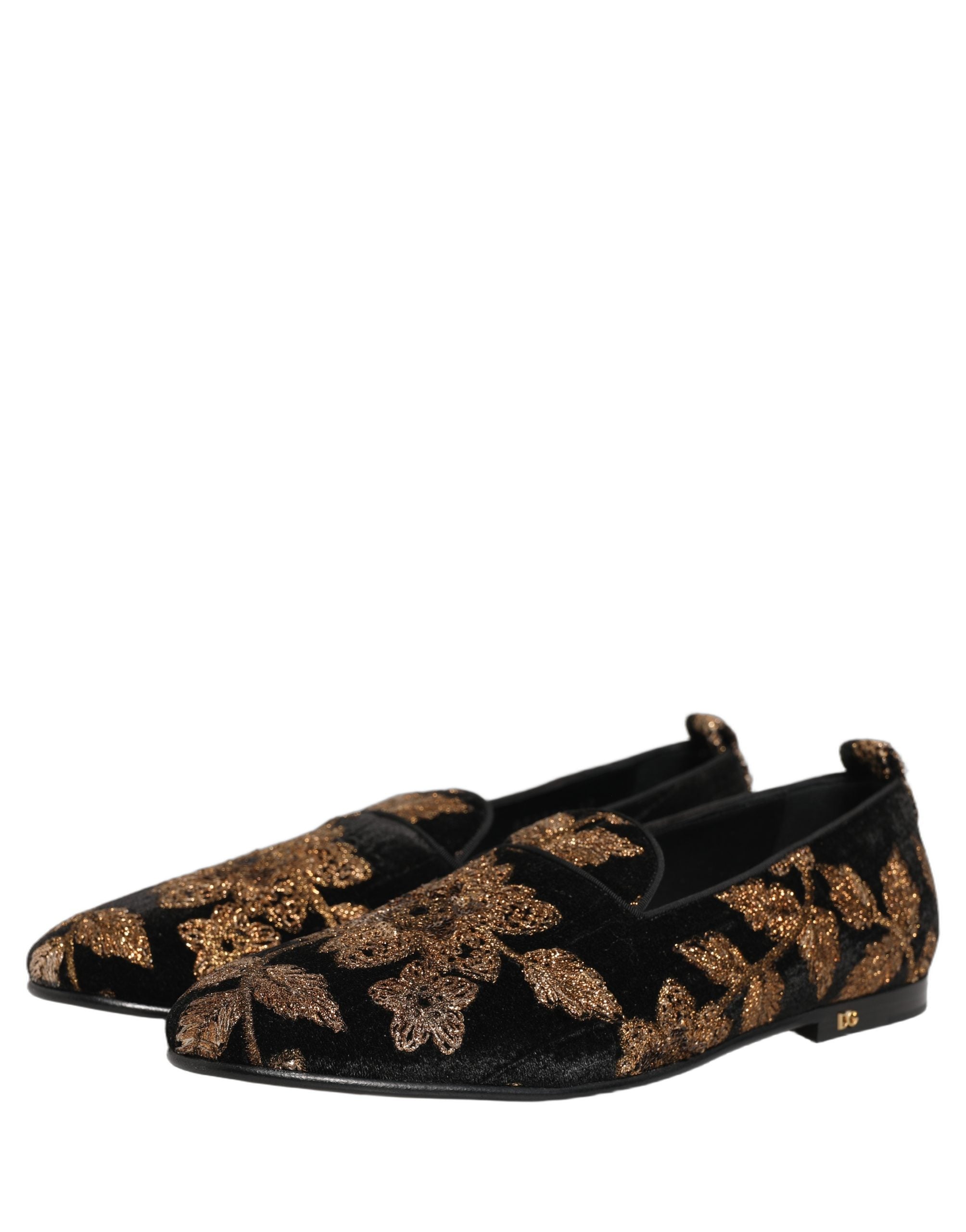 Chaussures loafers Dolce & Gabbana en jacquard floral noir, élégantes et sophistiquées, avec détails en tissu à motifs floraux.