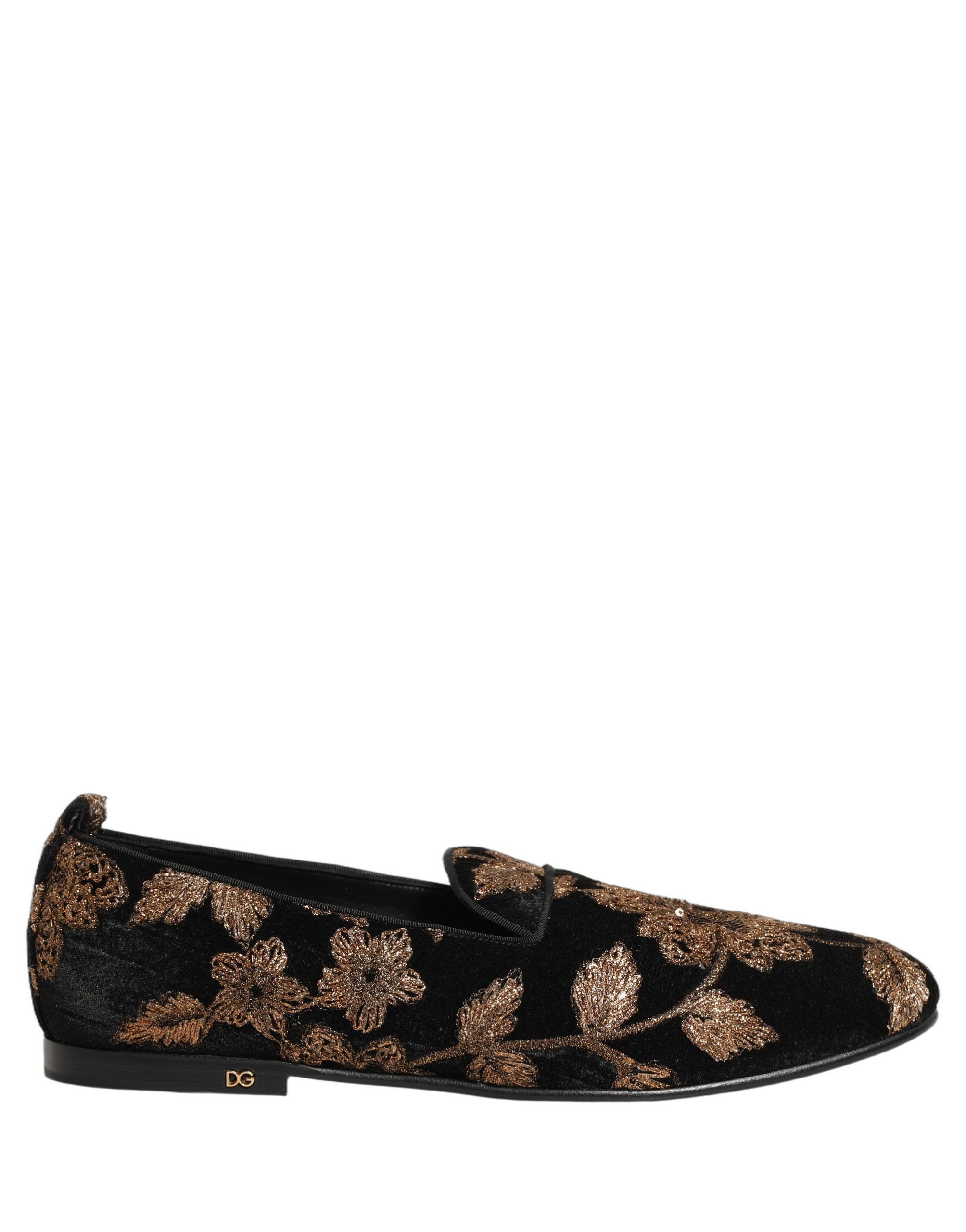 Chaussures loafers Dolce & Gabbana en jacquard floral noir, élégantes et sophistiquées, visibles en gros plan.