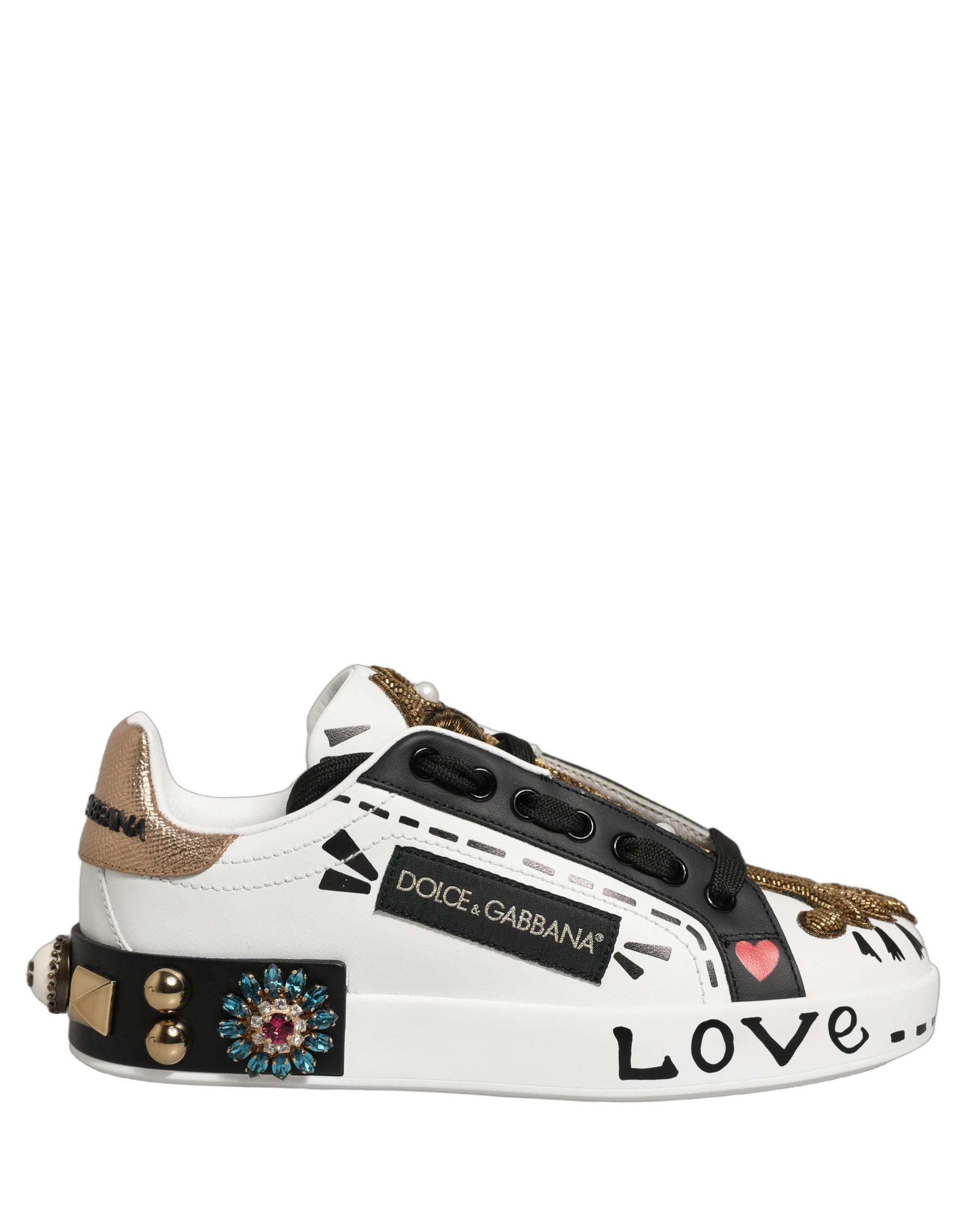 Chaussures sneakers Portofino blanches Dolce & Gabbana avec détails en or et clous, en cuir élégant et tendance.