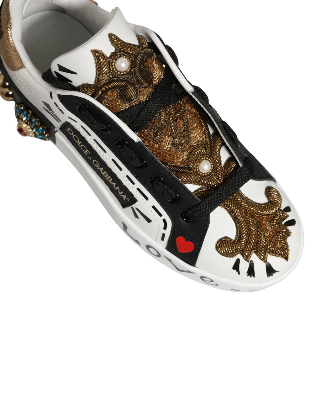 Chaussures sneakers Portofino blanches en or serti de Dolce & Gabbana, avec détails élégants et style tendance.