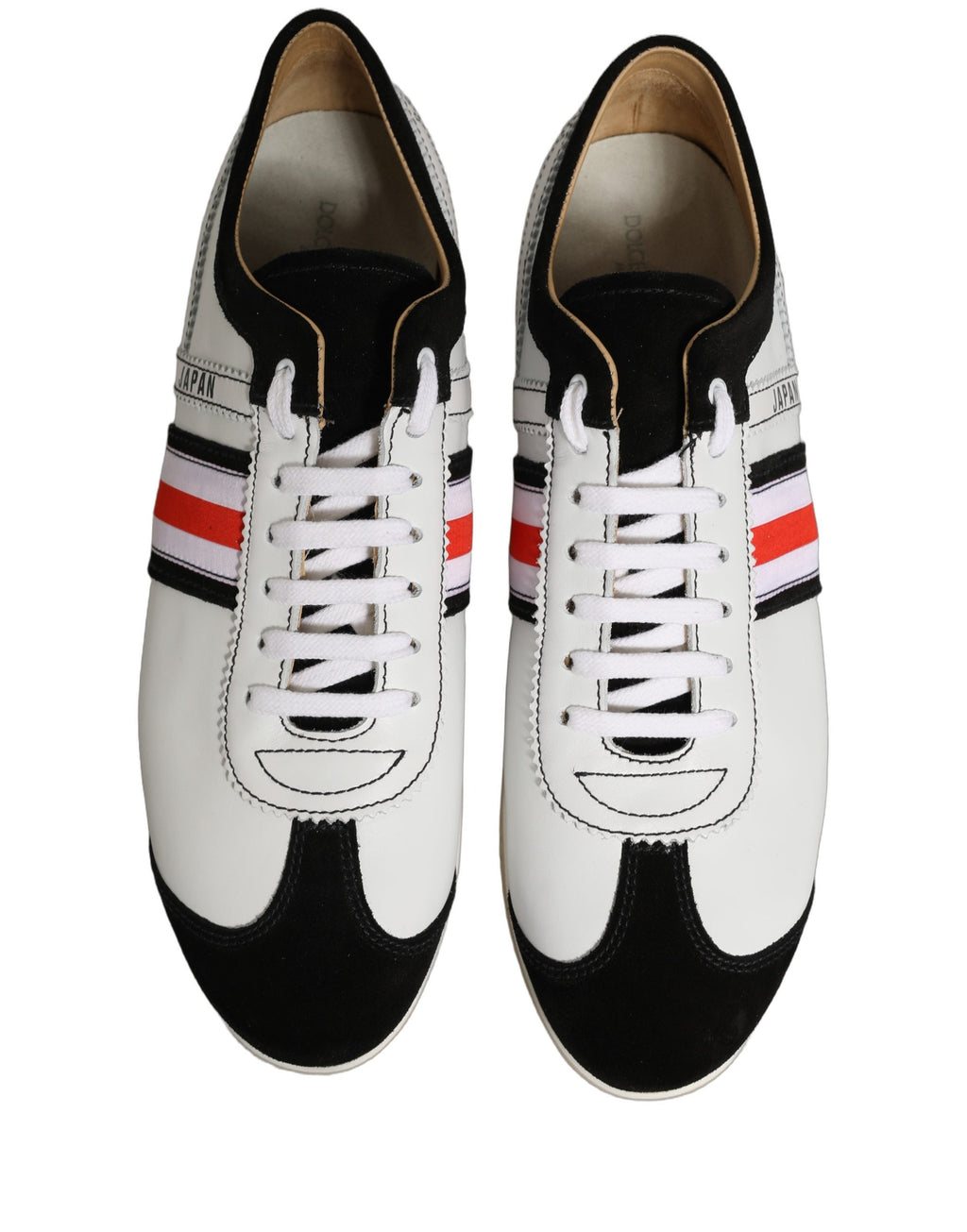 Chaussures sneakers basses en cuir et daim noir et blanc de Dolce & Gabbana, vue de face.