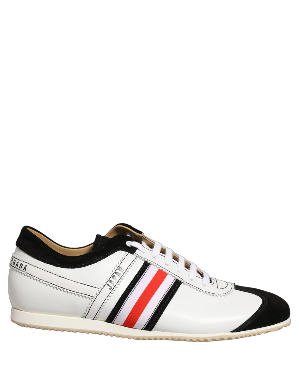 Chaussures sneakers basses en cuir et daim noir et blanc de Dolce & Gabbana, vue de face avec détails de design élégants.