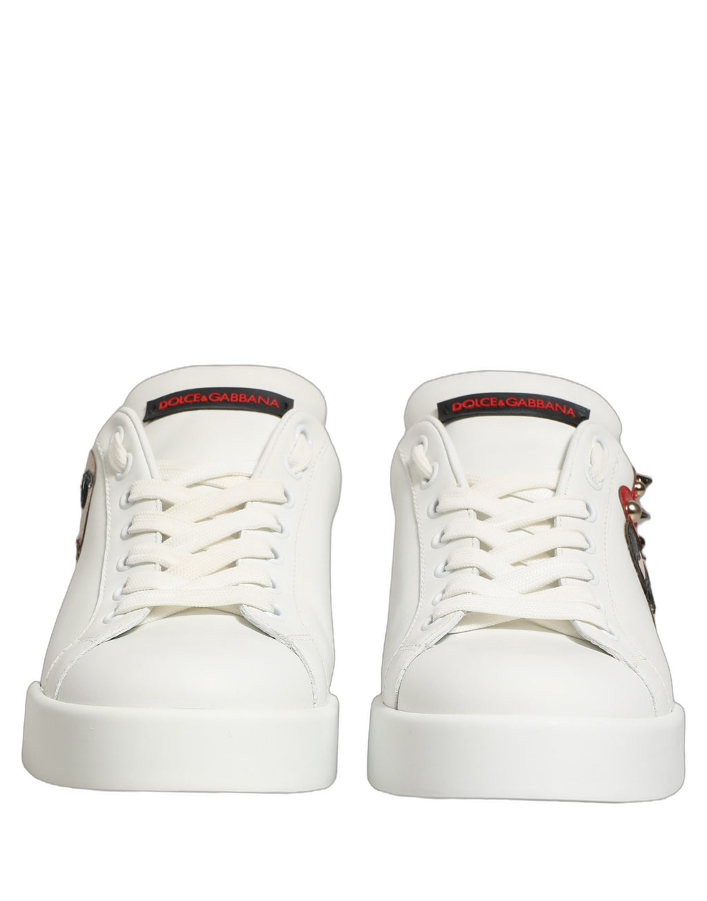 Chaussures Portofino Dolce & Gabbana en cuir blanc patch calfskin Nappa, sneakers élégants pour femmes et hommes.
