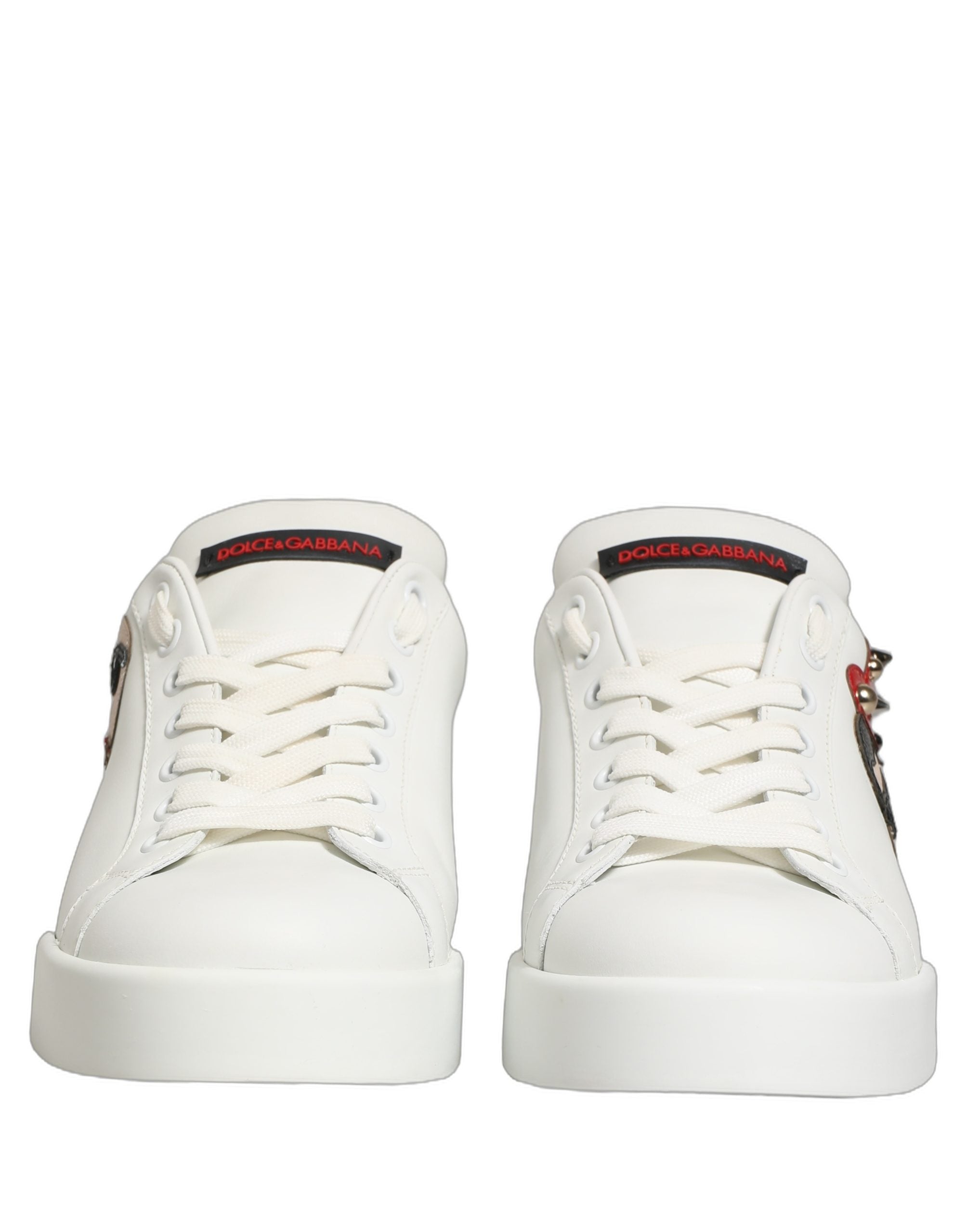 Chaussures Portofino Dolce & Gabbana en cuir blanc patch calfskin Nappa, sneakers élégants pour femmes et hommes.