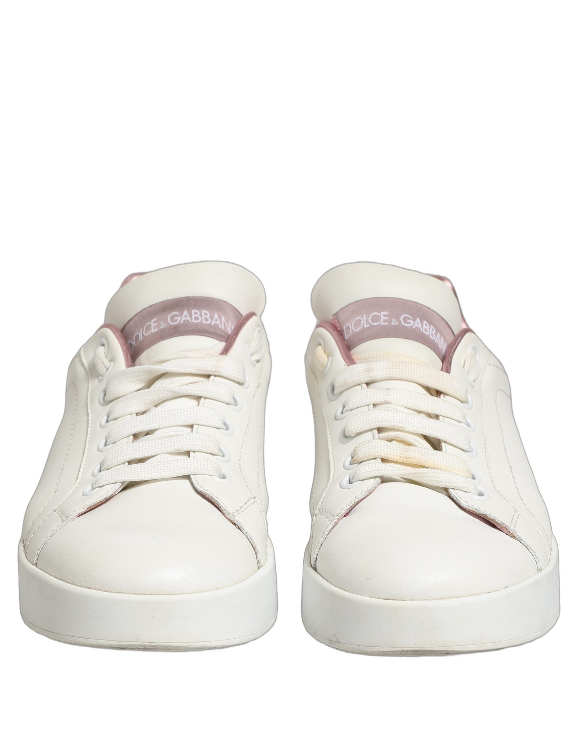 Chaussures sneakers basses en cuir blanc et rose de Dolce & Gabbana, style décontracté et élégant pour femme.
