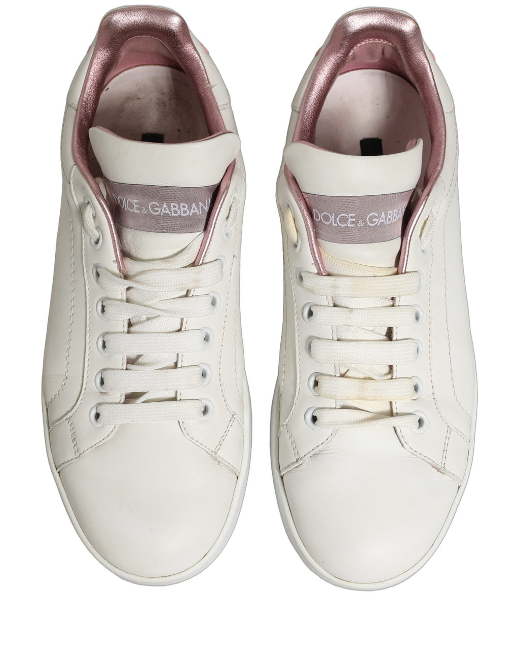Chaussures sneakers basses en cuir blanc et rose de Dolce & Gabbana, style décontracté avec semelle blanche.