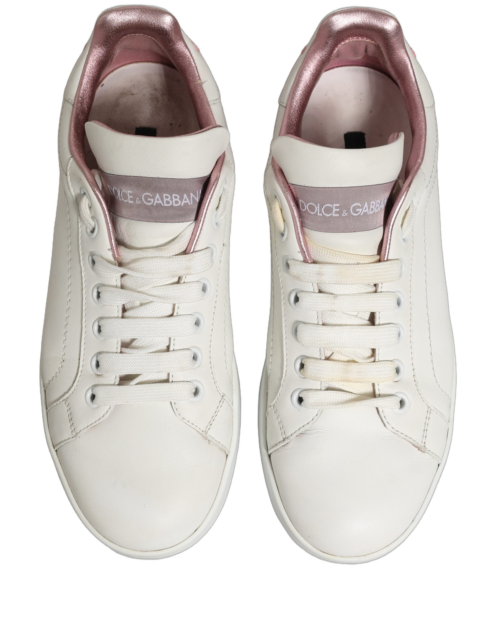 Chaussures sneakers basses en cuir blanc et rose de Dolce & Gabbana, style décontracté avec semelle blanche.