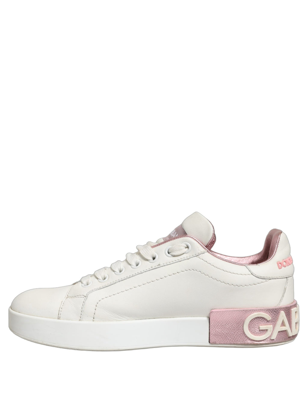 Chaussures sneakers basses en cuir blanc et rose de Dolce & Gabbana, style décontracté et élégance.
