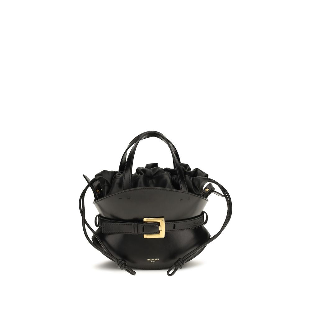 Sac à épaule Balmain Bos Taurus en cuir de veau noir, élégant et sophistiqué, avec détails de la marque sur le devant.