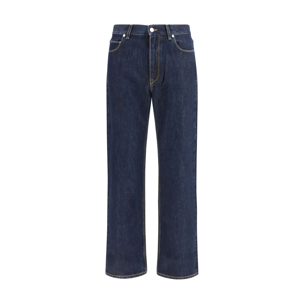 Jeans droits en coton bleu de marque Fendi, vue de face, avec détails de couture visibles.