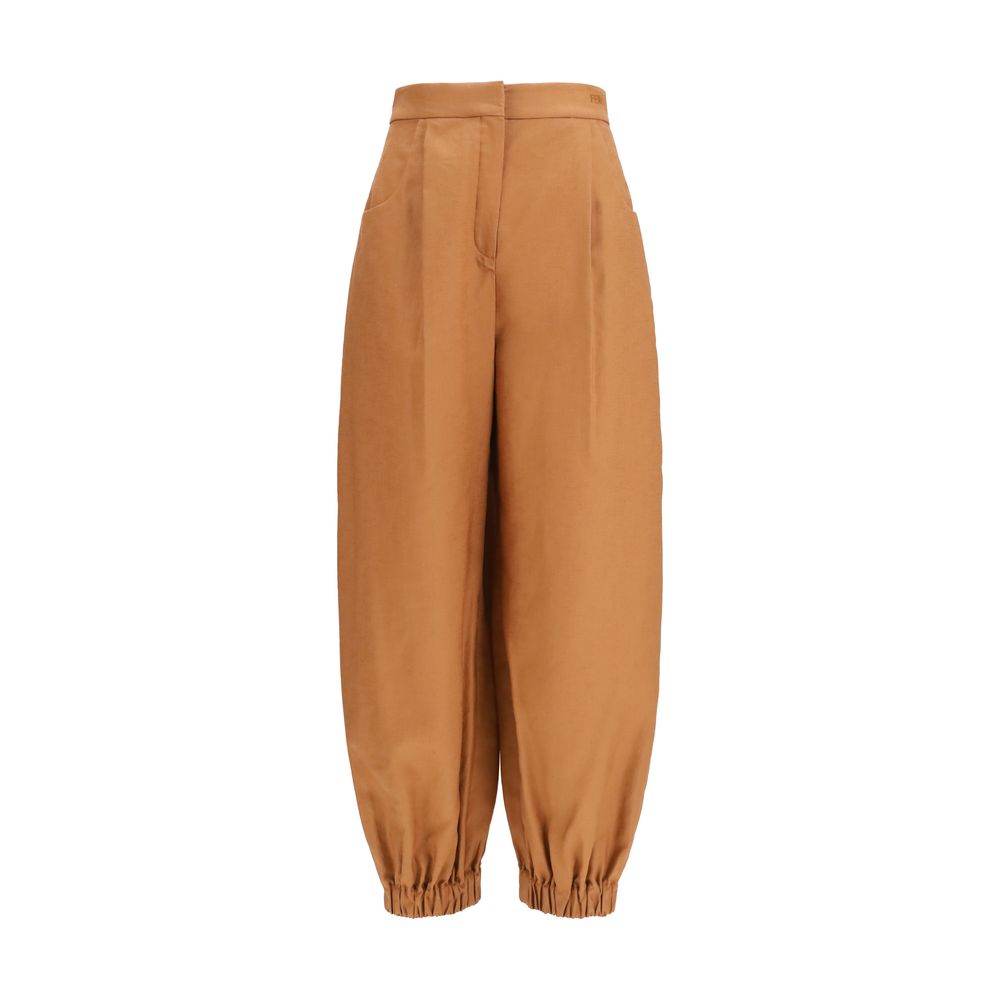 Pantalons décontractés en lin marron de la marque Fendi, style casual avec coupe confortable et détails élégants.