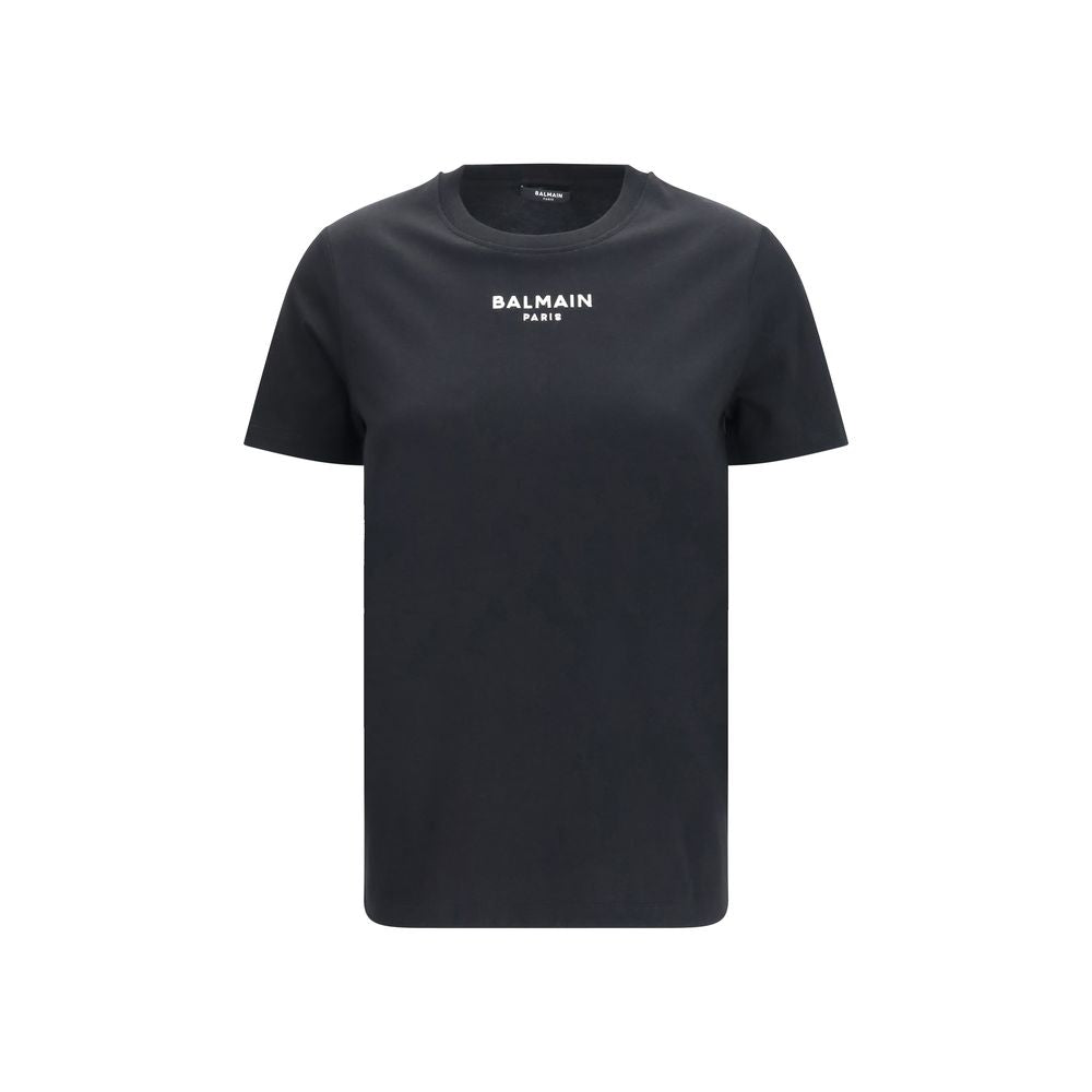 T-shirt en coton noir de Balmain, coupe classique avec logo discret sur la poitrine, vue frontale.