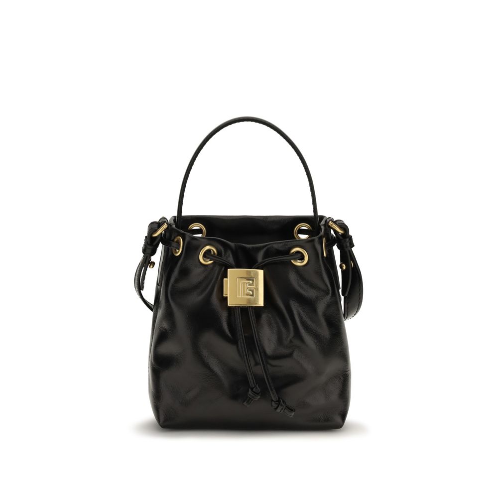 Sac à main Balmain en cuir de veau noir Bos Taurus, design élégant avec poignées et détails modernes.