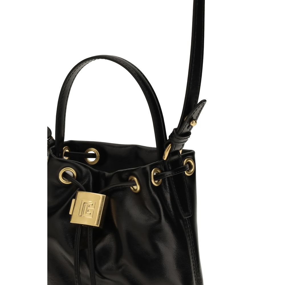 Sac à main Balmain Bos Taurus en cuir de veau noir avec poignées épaisses et détails métalliques élégants.