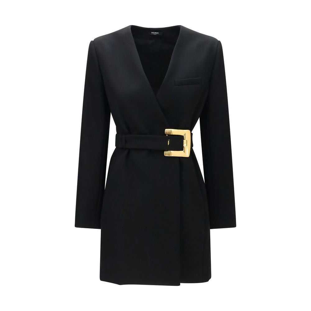 Veste blazer noire en laine Balmain Oves Aries avec coupe ajustée et détails sophistiqués, vue en gros plan.