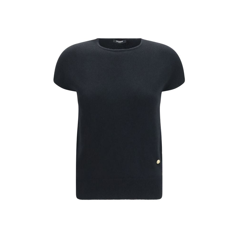 Pull noir en laine avec manches sans manches Balmain, style oversize, doux et chaud, pour un look élégant et moderne.