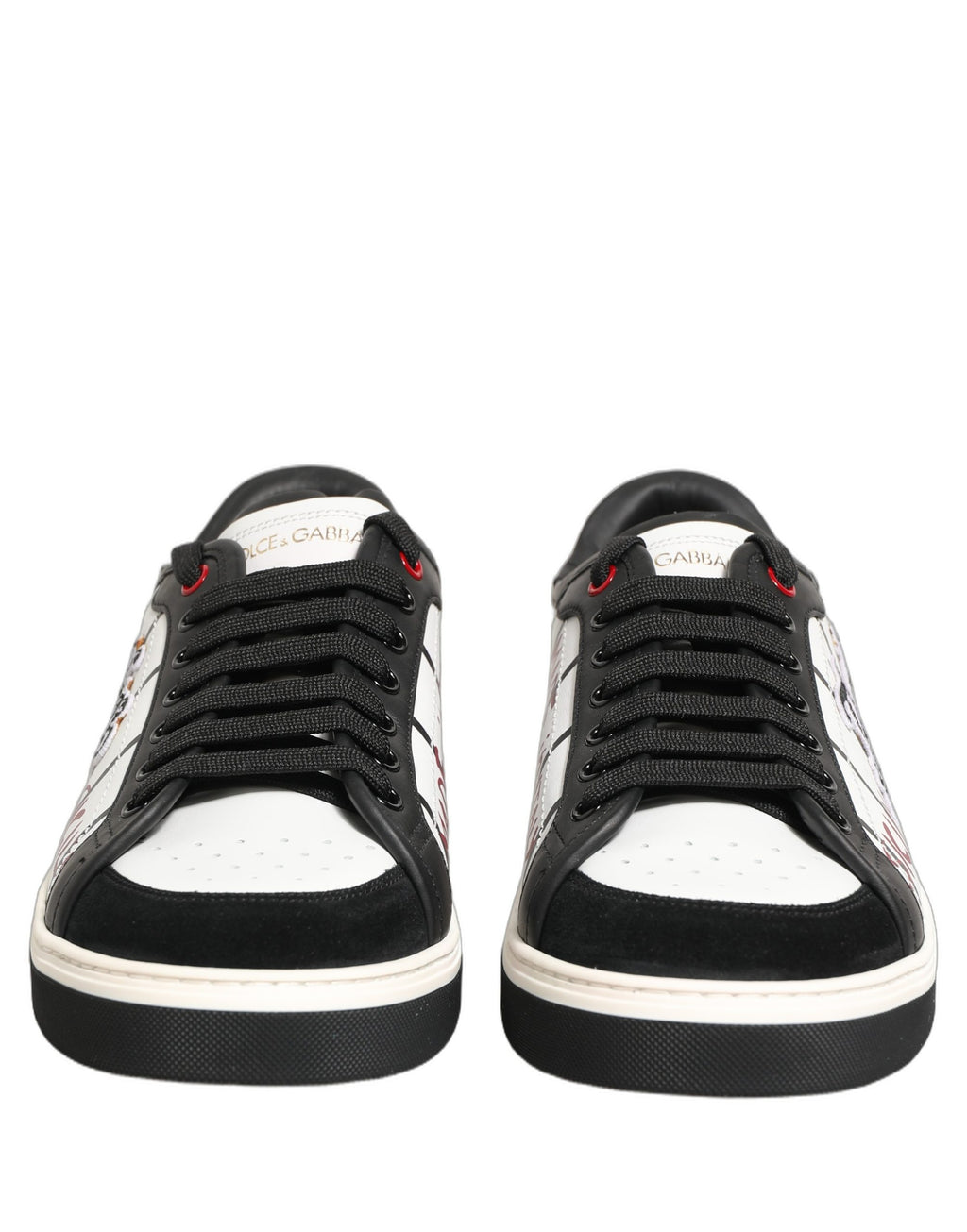 Chaussures basses Dolce & Gabbana blanc et noir avec logo DG et patch King, chaussures de style sneaker pour homme.