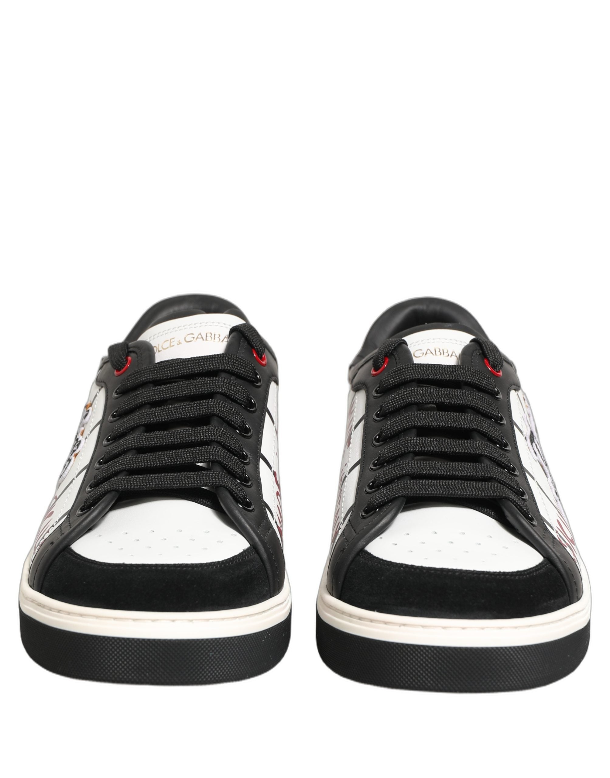 Chaussures basses Dolce & Gabbana blanc et noir avec logo DG et patch King, chaussures de style sneaker pour homme.