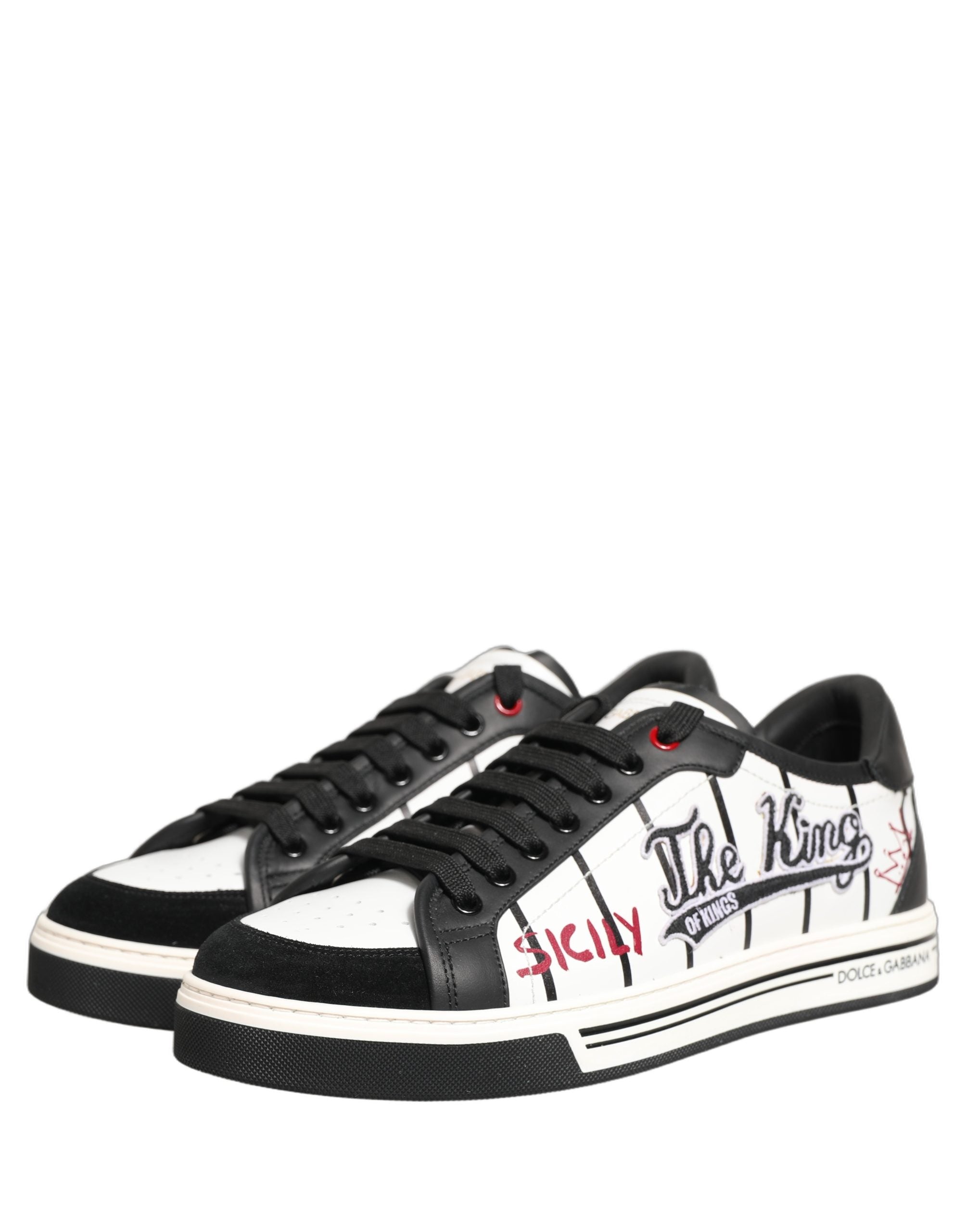 Chaussures basses Dolce & Gabbana, baskets blanches et noires avec logo DG, patch King, style décontracté et tendance.