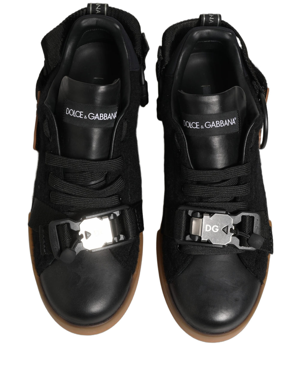Chaussures de sneakers basses en cuir noir pour homme de Dolce & Gabbana, vue de face.