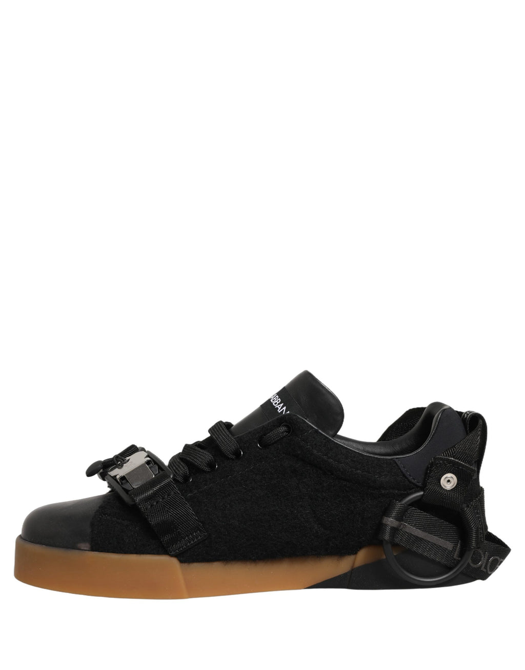 Chaussures sneakers basses en cuir noir Dolce & Gabbana pour homme, vue détaillée du côté et de la semelle.